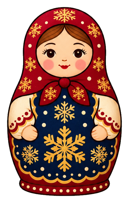 Matryoshka nesting doll with red hood and blue dress decorated with snowflakes