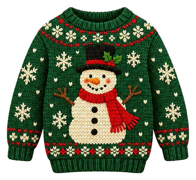 Green Christmas sweater with a snowman, scarf, and holiday knit patterns