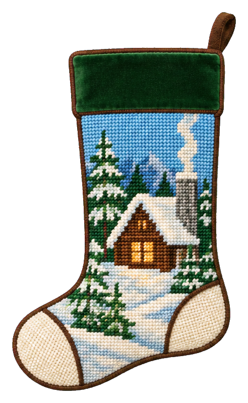Needlepoint-style Christmas stocking with a snowy cabin scene and pine trees