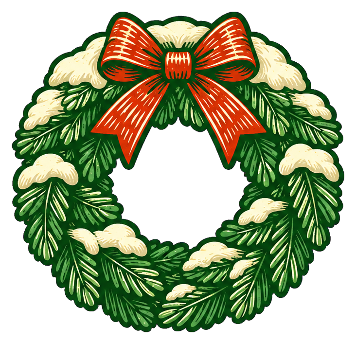 Festive Christmas wreath with snow and a red bow