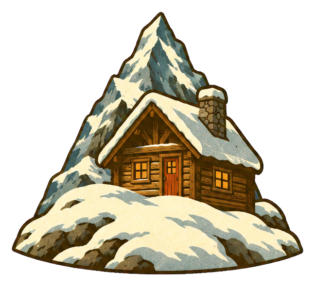 Illustration of a snowy log cabin on a mountain with a chimney and pine-covered roof