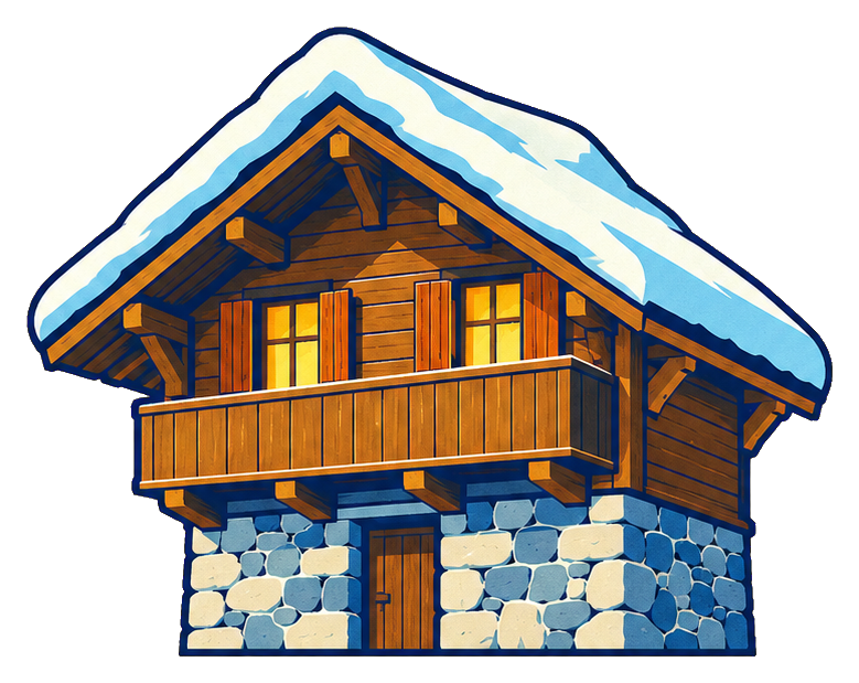 Wooden ski chalet with snow-covered roof and stone base