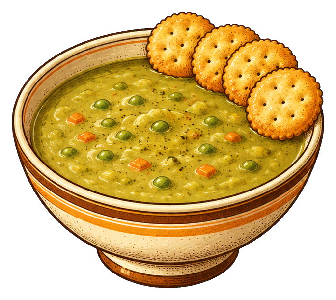 Bowl of creamy soup with crackers arranged along the rim