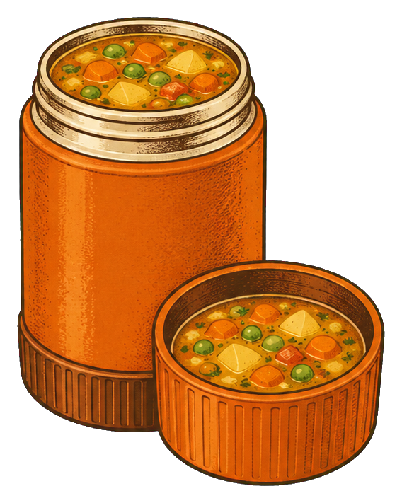 Orange thermos and matching lid filled with vegetable soup