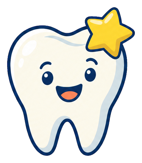 Smiling cartoon tooth with a star on the top corner