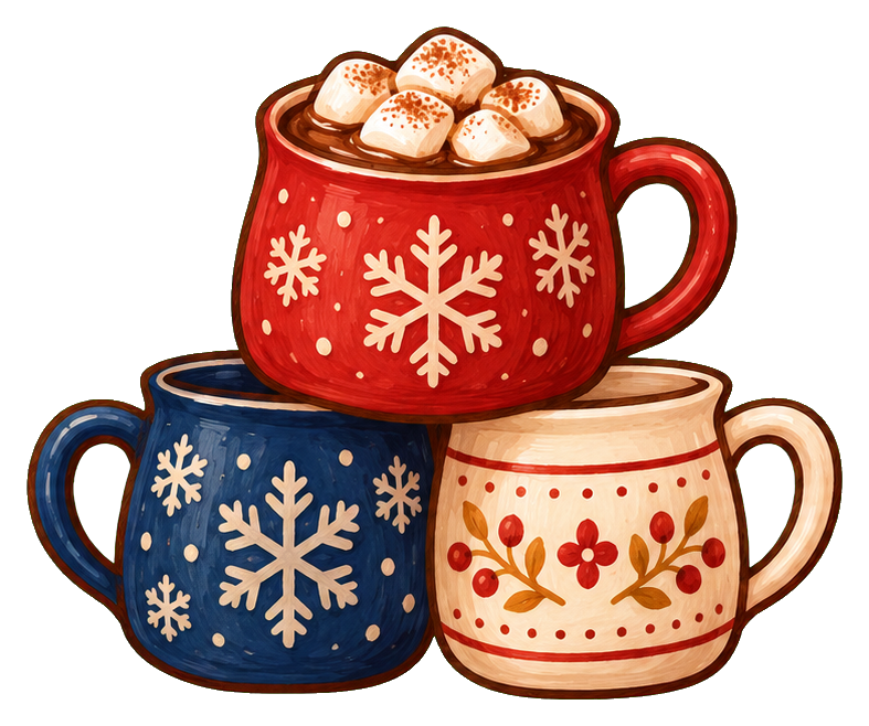 Three stacked mugs filled with hot cocoa and winter designs.