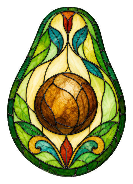 Stained glass style avocado with green, yellow, and brown decorative details