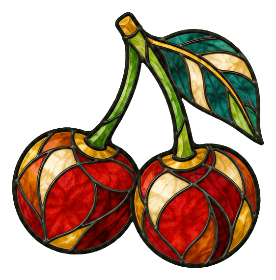 Two red cherries with green leaves in a stained glass style.