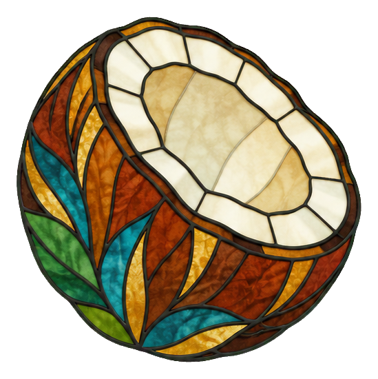 Stained glass style coconut half with colored mosaic shell and pale interior
