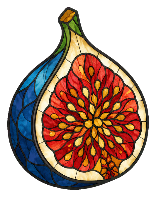 Stained glass style fig fruit with a red center and blue outer skin.