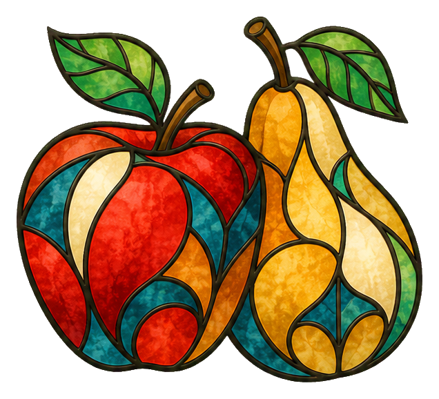 Two colorful stained glass fruits with green leaves in a decorative sticker design.
