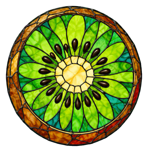Round stained glass kiwi fruit sticker with green slices and brown rind