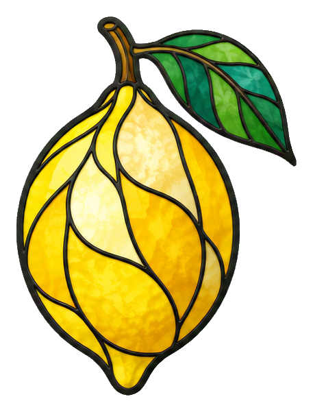 Yellow stained glass lemon with a green leaf on a black outline