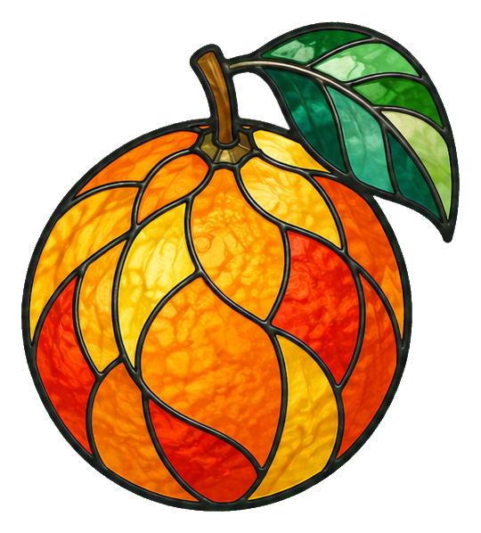 Stained glass style orange fruit with green leaves and dark outlined segments