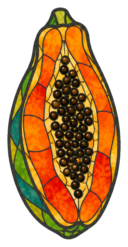 Stained glass style papaya fruit sticker with orange and green sections.