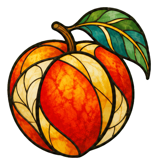 Stained glass style peach with green leaves and orange-red segments