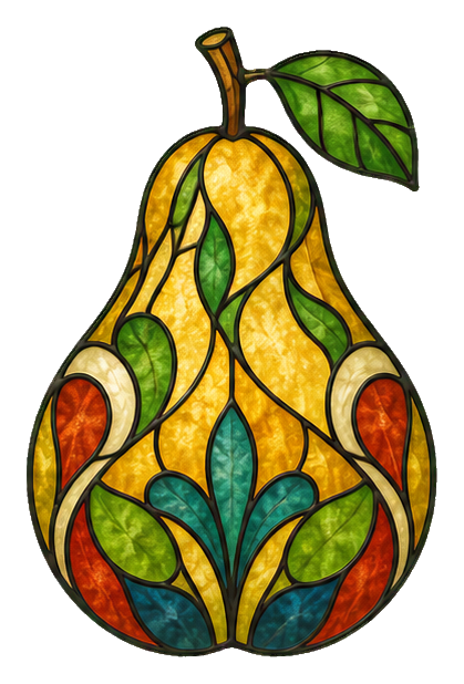Stained glass style pear with green leaf and colorful decorative panels
