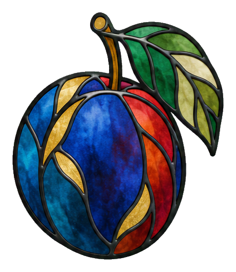 Stained glass plum with blue, red, green, and gold leaf details