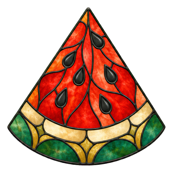 A stained glass style watermelon slice with red, black, green, and yellow sections