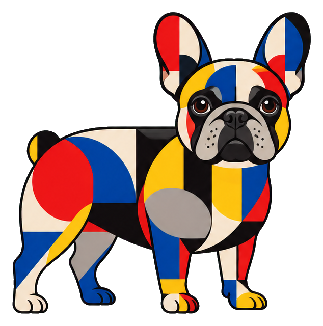 Colorful geometric standing French bulldog sticker with Bauhaus-inspired shapes