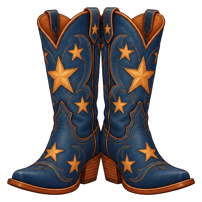 Pair of blue cowgirl boots decorated with orange stars.
