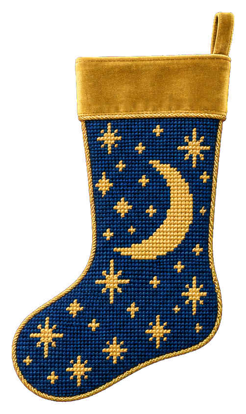Blue Christmas stocking with gold stars and crescent moon on a gold cuff