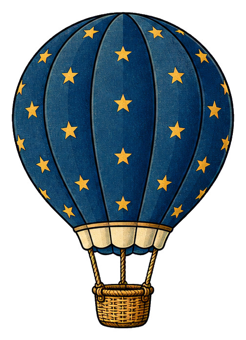 Vintage hot air balloon covered in gold stars with a wicker basket and visible hanging ropes.