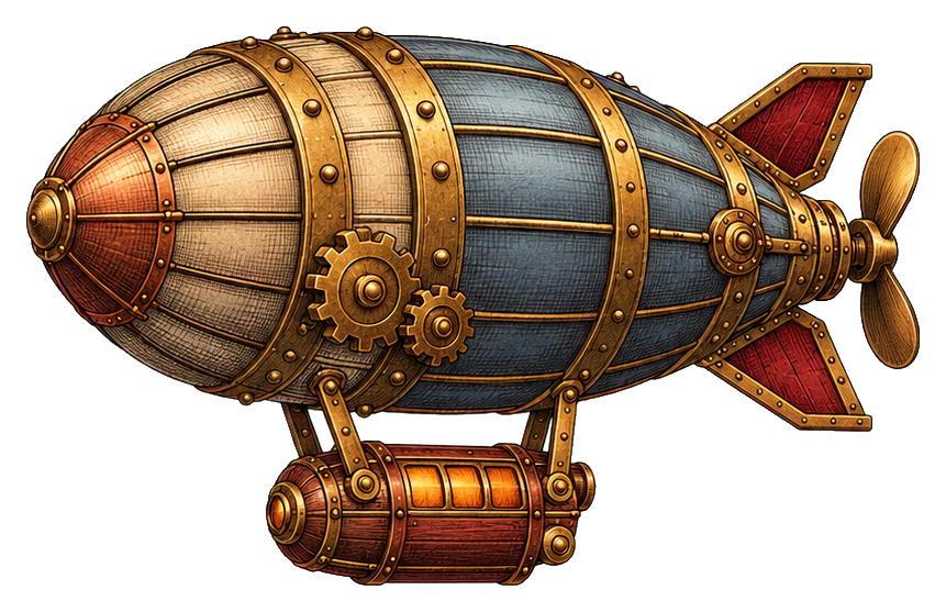 Brass steampunk airship with rivets, propellers, and a vintage zeppelin shape