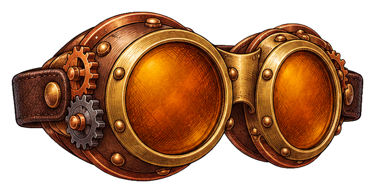 Pair of brass steampunk goggles with gears and round tinted lenses