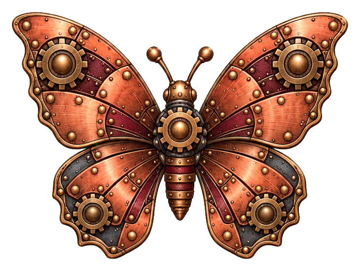 Copper steampunk butterfly with gears, brass details, and Victorian clockwork wings.