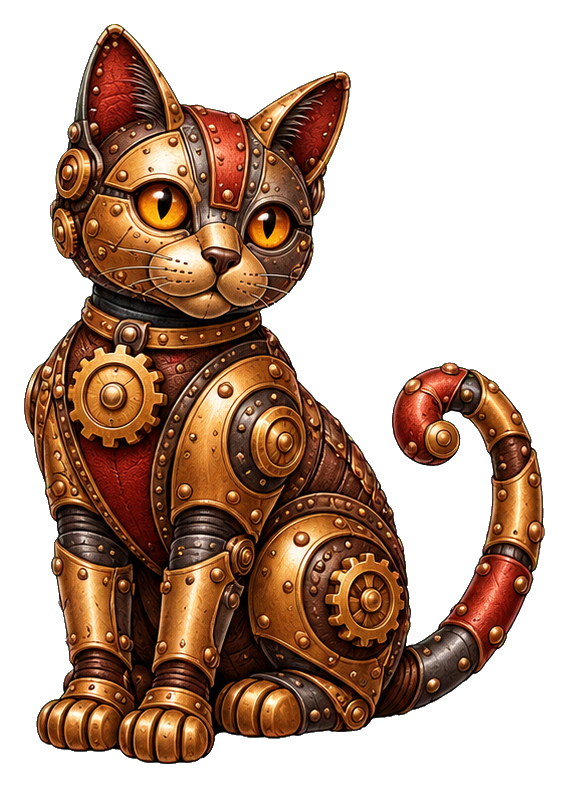 Steampunk cat with brass gears, clockwork details, and a curled tail sitting upright.