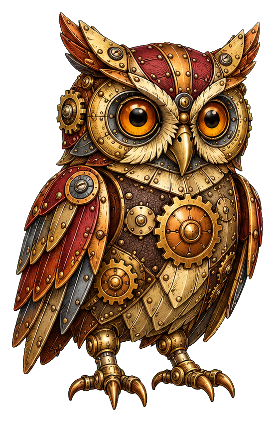Steampunk owl with brass gears, clockwork details, and vintage metallic feathers