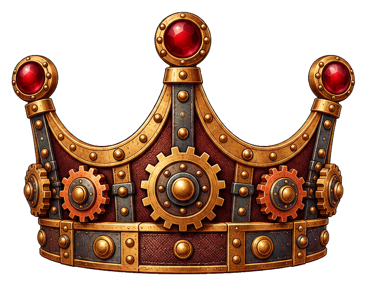 Brass steampunk crown with gears and red gem jewels on the points