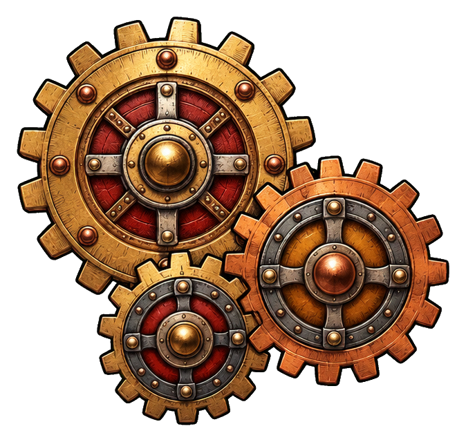 Three brass steampunk gears arranged in a clustered sticker graphic