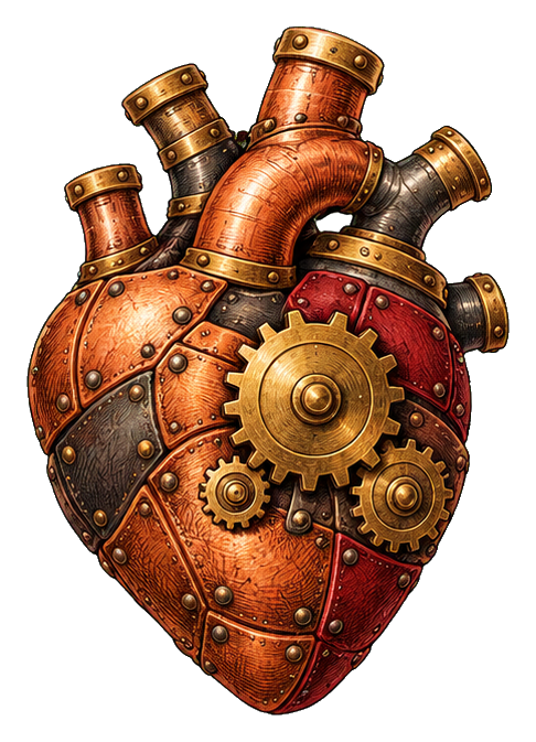 A brass steampunk heart with gears, rivets, and copper pipes