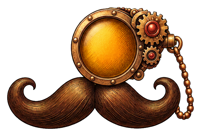 Golden steampunk monocle with curled mustache and small brass gears