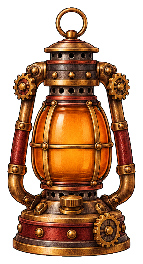 Brass steampunk oil lantern with gears and glowing amber glass