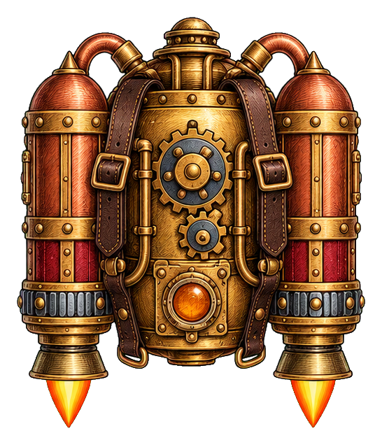 Brass steampunk jetpack with twin rocket nozzles, gears, and Victorian-inspired detailing