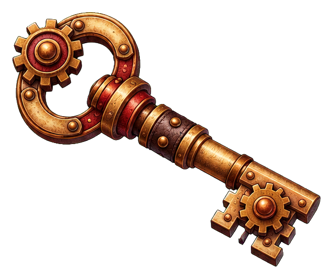 Ornate brass steampunk skeleton key with gears and Victorian details