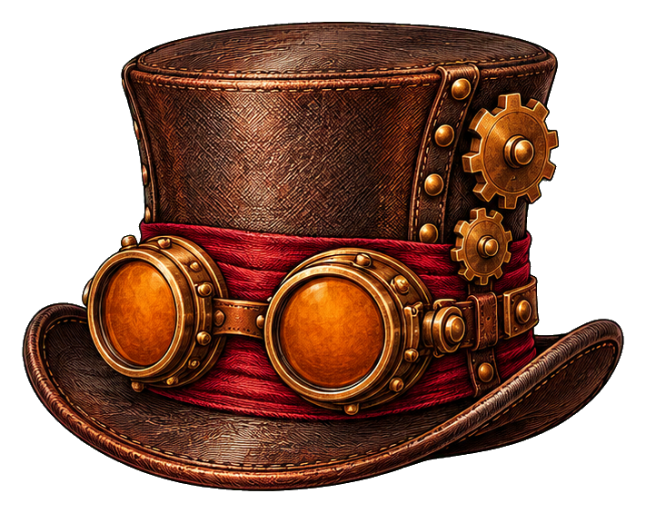 Vintage steampunk top hat with brass goggles and gears