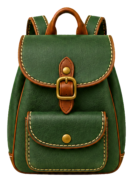 Green stitched leather backpack with flap pockets and brown trim sticker graphic