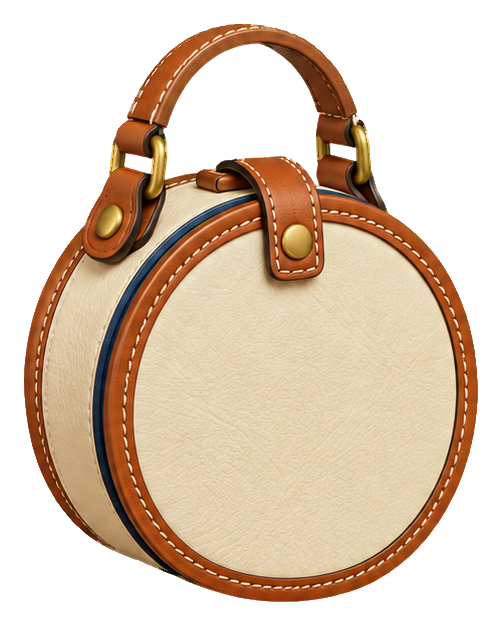 A round stitched leather bag with a curved top handle and tan trim