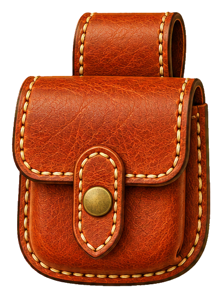 Brown stitched leather belt pouch with flap and button closure