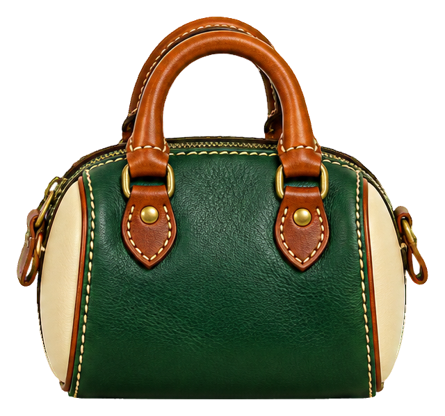 Green stitched leather bowling bag with brown handles and trim