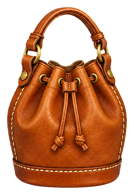 Brown stitched leather bucket bag with drawstring and top handle