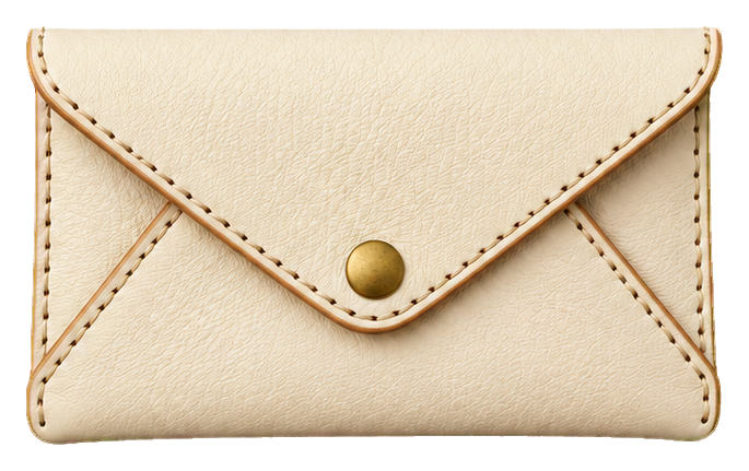 Cream leather clutch bag with stitched edges and a gold snap button.