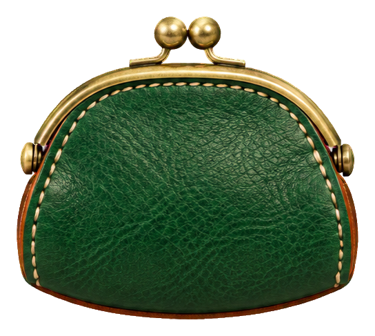 Green stitched leather coin purse with a gold clasp and trim.