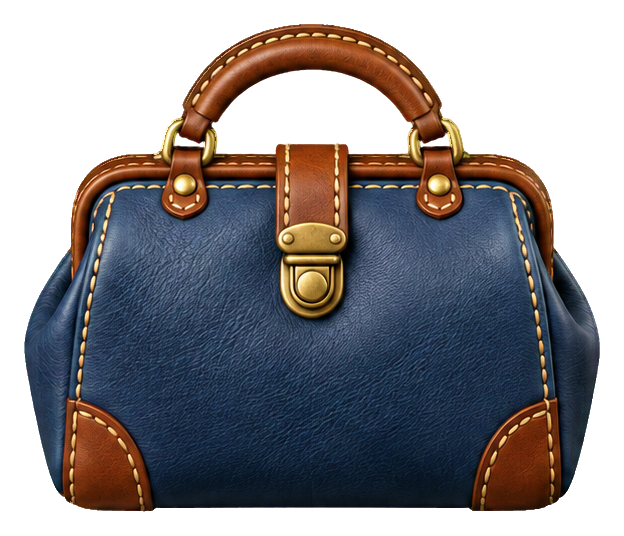 Blue stitched leather doctor bag with brown handles and trim