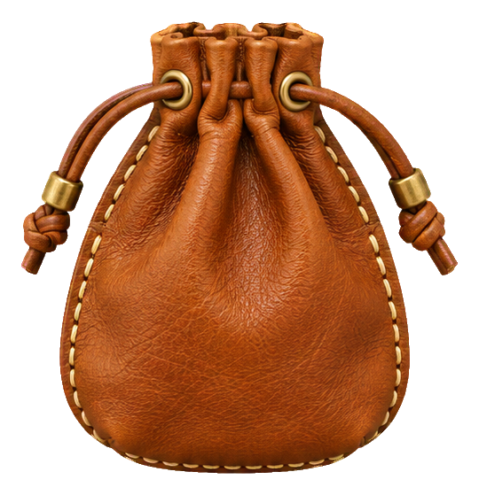 Stitched brown leather drawstring pouch sticker with tied cords and visible seams