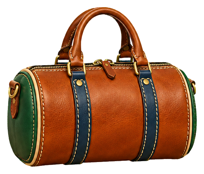 Brown stitched leather duffel bag with green side panels and tan handles
